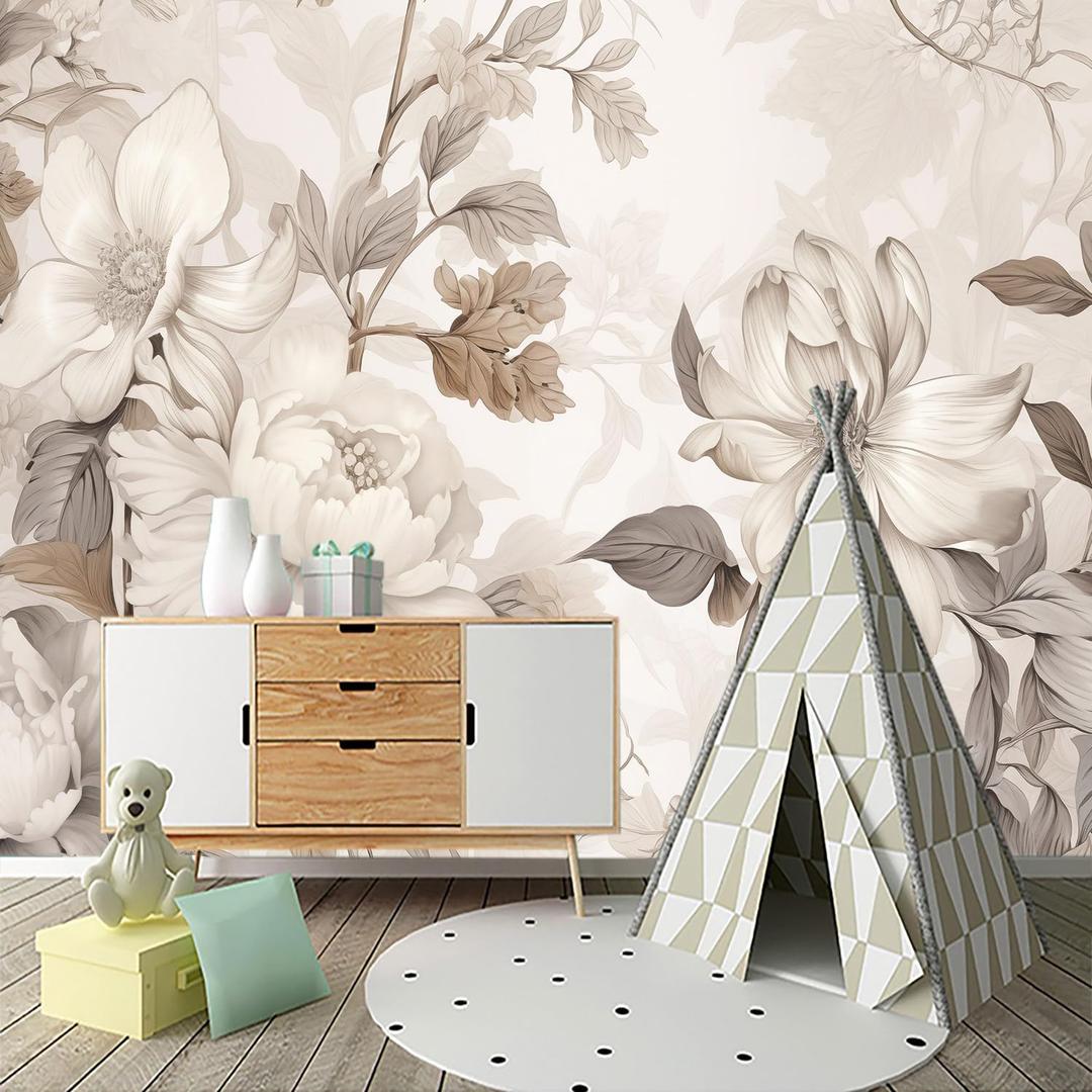 Light-Warm-Toned Peony Pattern Peel-and-Stick wall Mural-96"x137" | light beige,Wallpaper,Beautiful,Bedroom,background Mural,textural Wallpaper