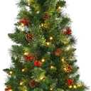 Goplus 5 FT Christmas Tree Pre-Lit Tabletop Artificial Entrance Tree with 100 Led Lights, Gold Urn Base, Pine Cones and Red Berries