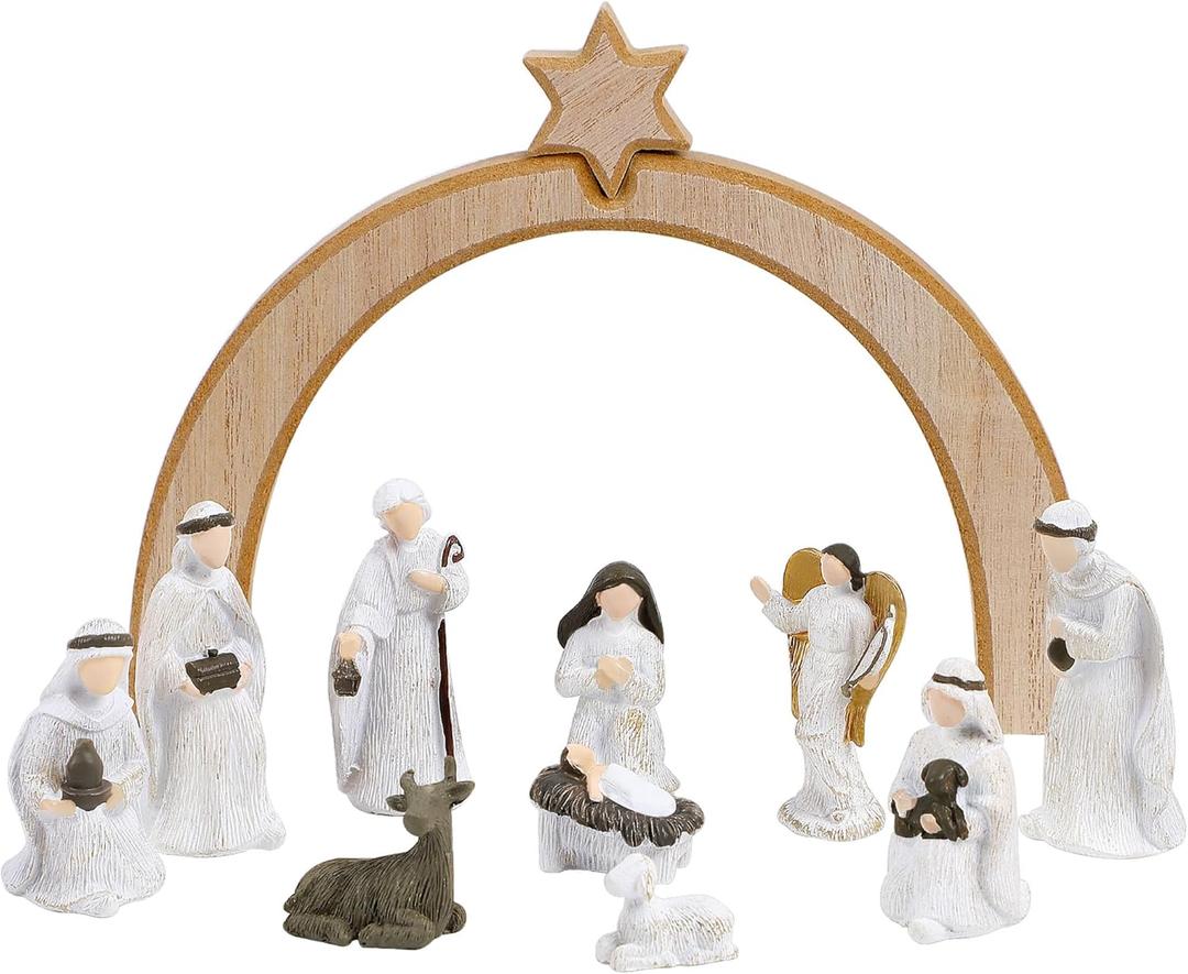 Lulu Home 11 Pieces Christmas Nativity Scene Set, Resin Nativity Scene Figurines Include Holy Family, Baby Jesus, Mary and Joseph, Mini Nativity Scene Decor for Tabletop Shelf Home Holiday Decor