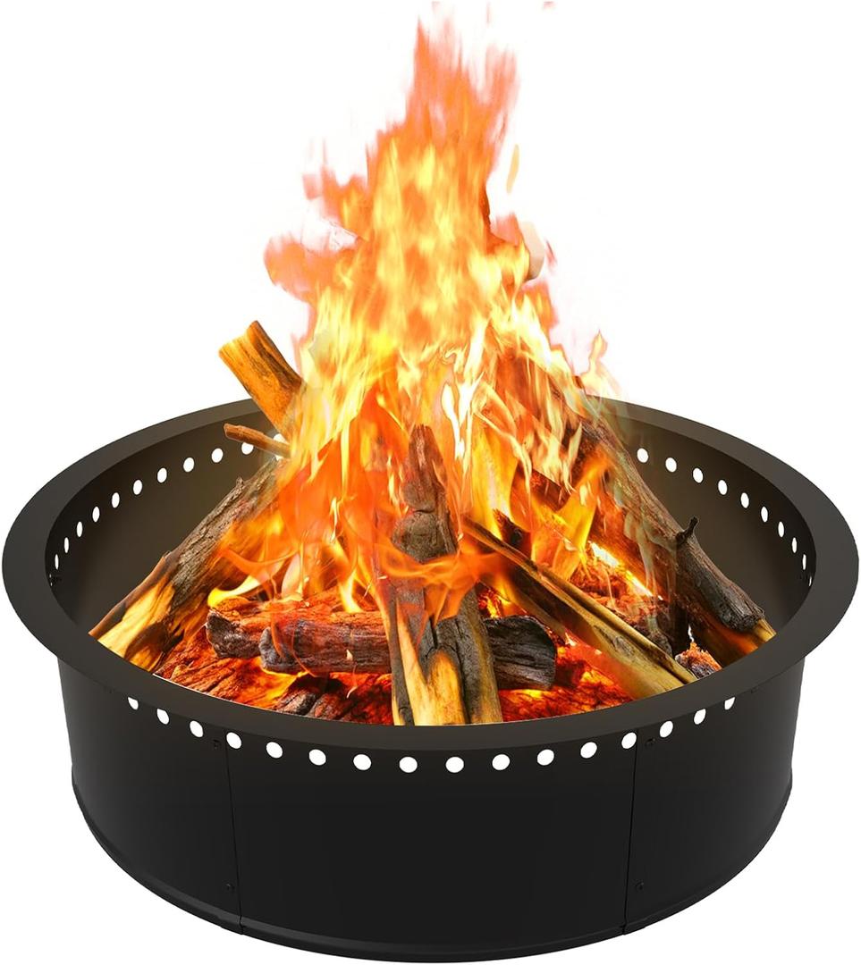 OUSHENG Smokeless Fire Pit Ring Outdoor, 33 Inch Outer 30 Inch Inner Round Wood Burning Firepit Accessories, DIY Metal Steel Liner Insert for Bonfire Outside Camping Above or In Ground