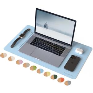 RENMTURE Dual-Sided Large Desk Pad, Faux Leather Natural Cork Mouse pad, Desk Accessories Protector, for Office and Home Work (Light Blue, 23.6" x 13.7")