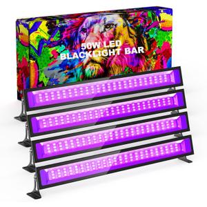 50W LED Black Light, 385nm UV Light Bar with Plug & Switch, IP66 Waterproof Blacklights for Glow Parties, Neon Decor, Halloween, Stage Lighting (4 Packs)