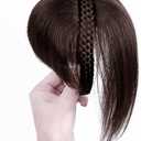 ICRAB 10" Womens Human Hair Braided Headband Hairpiece Natural Looking Hairband Braids Human Hair Topper Wiglets Clip In Topper Hair Piece with Bangs Twist Braid Human Hair Topper Dark Brown