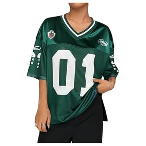 Floerns Women's Football Jersey Shirts for Women Oversized Sports Jersey Letter Print V Neck Team Shirts Half Sleeve Custom Jersey Green Large
