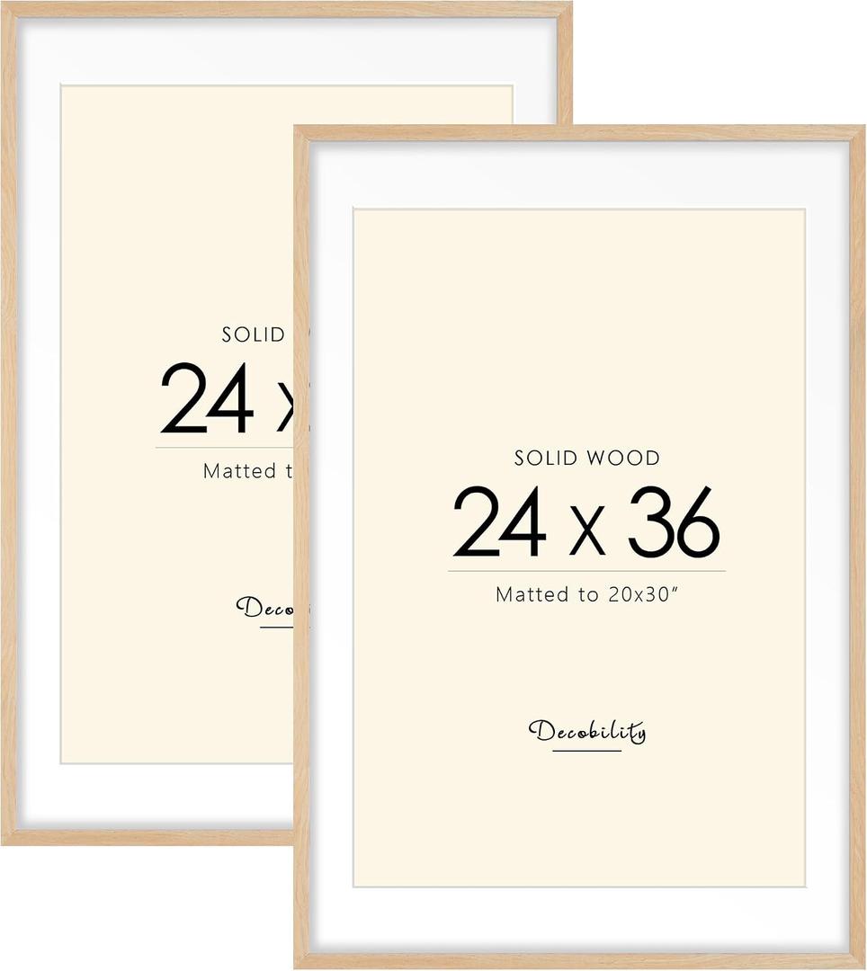 24x36 Solid Wood Picture Frame, Natural Wood Poster Frame with Paper Mat, Display picture 20x30 with mat or 24x36 without Mat, Set of 2 Oak Wood Grain