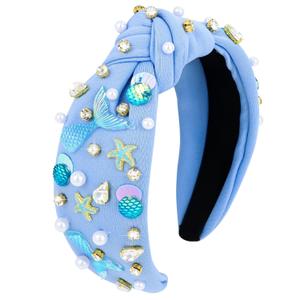 Jaciya Pearl Headband Rhinestone Headband Wide Knotted Blue Hairband for Women Starfish Head Band Mermaid Birthday Party Decorations