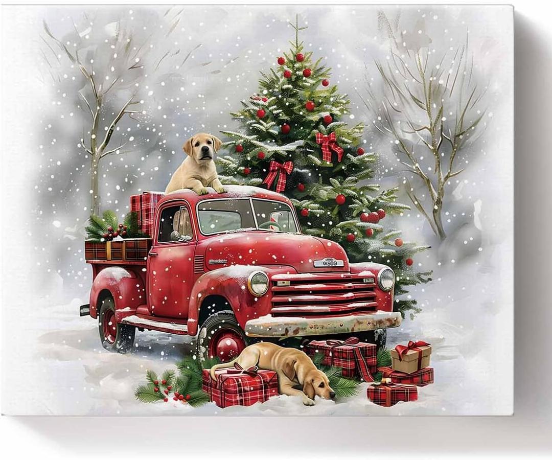 Christmas Paint by Number DIY Oil Painting on Canvas Christmas Red Truck Gift Xmas Tree Dog Pattern Paint by Numbers Kit for Adults and Kids Beginner (with Wooden Frame) 16" x 20",