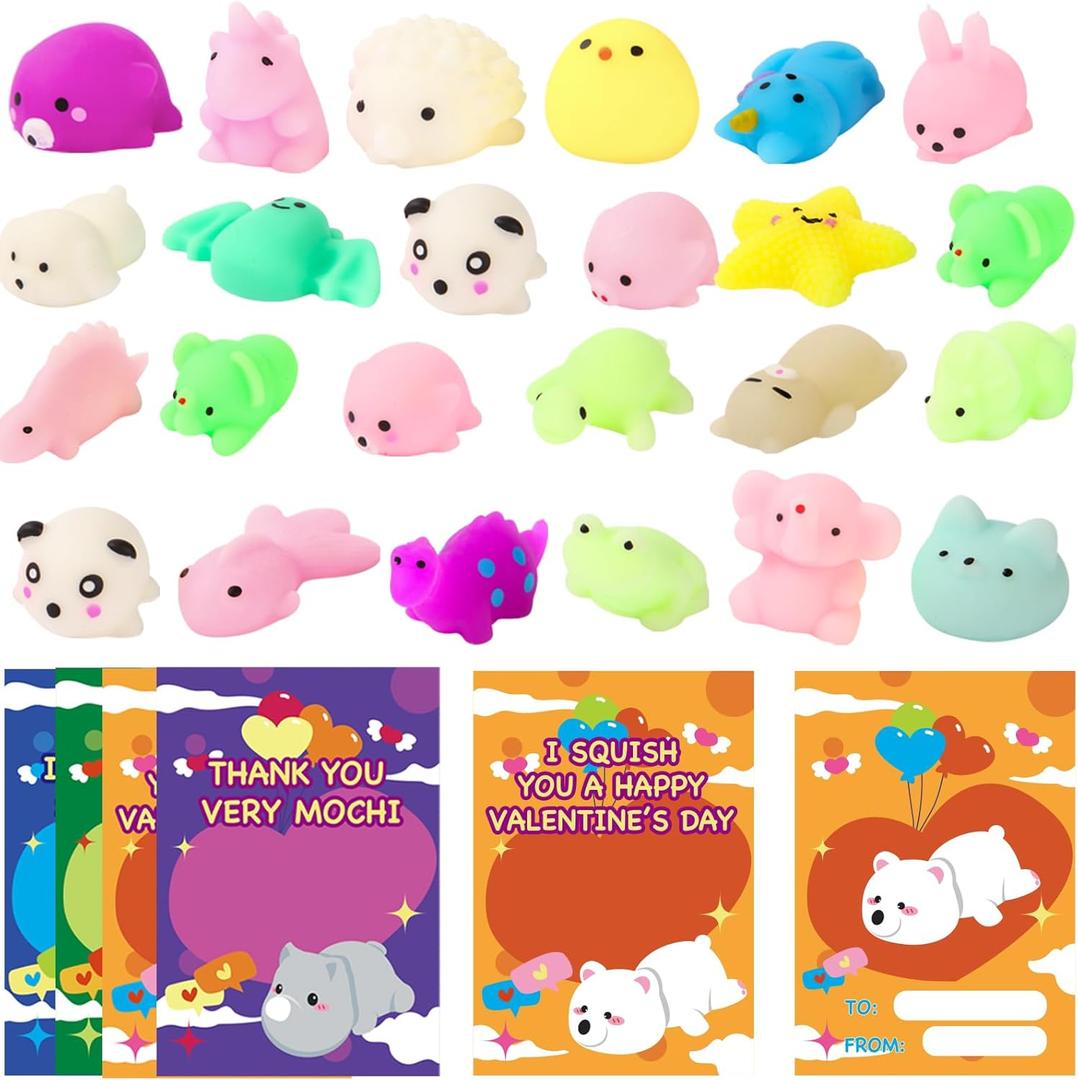 Qudoustar 28 Pack Valentines Day Cards for Kids School Classroom - Cute Mochi Stress Relief Fidget Toys, Kids Valentines Day Gifts for School Classroom Exchange, Class Party Favors for Boys and Girls