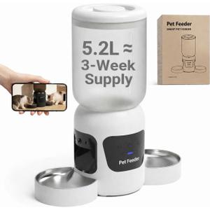 Automatic Cat Feeder with 2MP Dual Camera,170Wide Angle Night Vision,APP Remote Control Custom Meal Schedule,2.4G/5G WiFi Pet Food Dispenser with 2-Way Audio,Low Food Sensor,5.2L for Cats Dogs,White