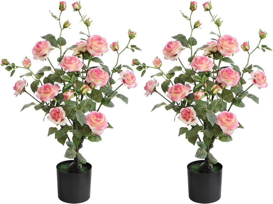 momoplant Artificial Rose Plant 25 Inch Tall Fake Silk Rose Flower Set of 2 Faux Trees with Potted for Living Room Table Kitchen Office Decor (Pink)