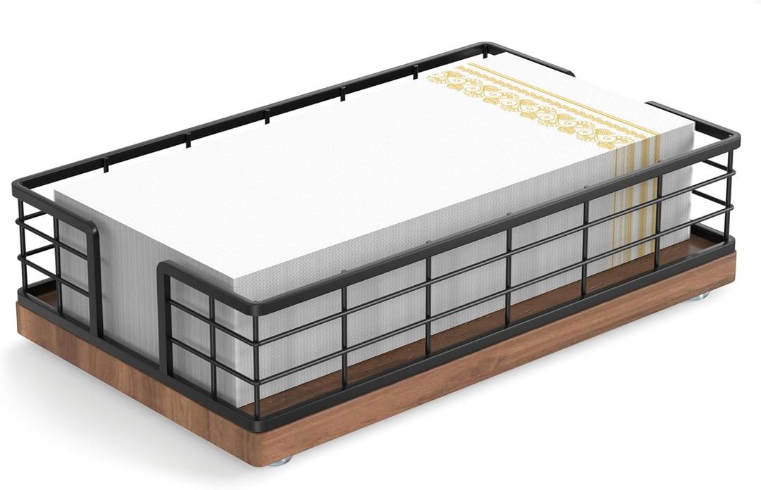 Wican Guest Towel Holder Tray for Bathroom, Oak and Iron Napkins Holder for Powder Room Dinning Table Wooden Basket for Disposable Paper Hand Towels Black & Walnut (9.06 x 5.51 x 2.56 inchs)