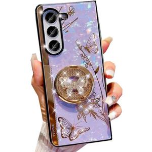 for Samsung Galaxy Z Fold 7 Kickstand Case,Cute Glitter Bling Rhinestones Diamond Butterfly with Ring Stand Marble Shell Shockproof Protective Cover for Women Girls for Galaxy Z Fold 7,Purple