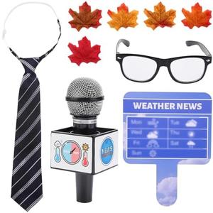 2 MULE TEAM Kids Meteorologist Costume Set Weather Toys for Kids Glasses Microphone Weather Man Necktie Maple Leaves Weather Chart Prop for Career Day Party