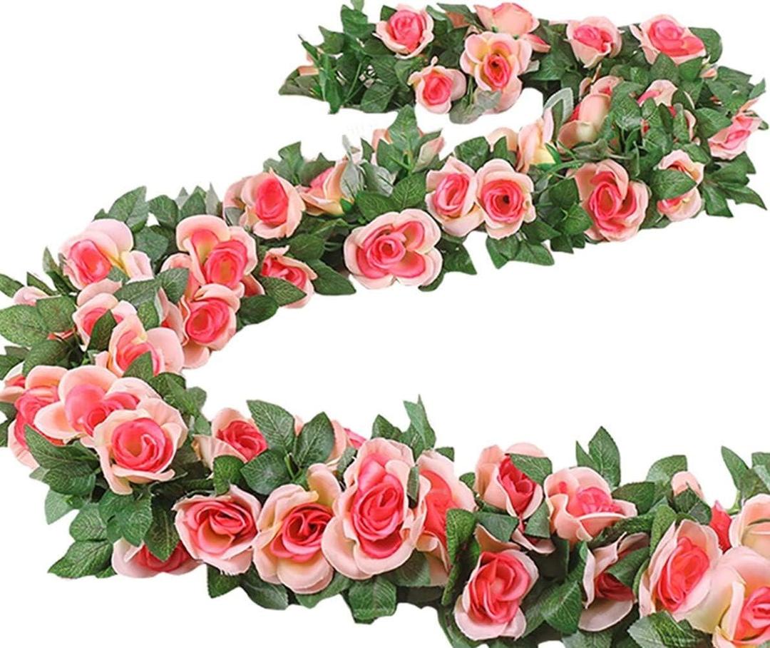 16 FT Fake Rose Vine Garland Artificial Flowers Plants Hanging Rose Ivy Home Hotel Office Wedding Party Garden Dcor (Champagne/2PCS)