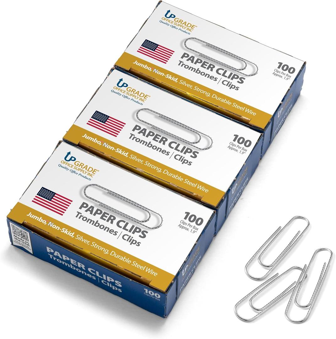 Upgrade Office Supply Jumbo Paper Clips, Non Skid, 1.9 Inch, 300 Count (3 Boxes of 100), Silver, Made in USA