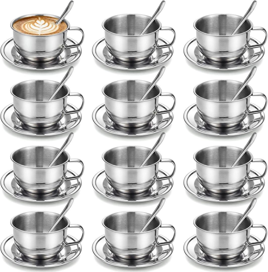 12 Pack Stainless Steel Coffee Cup Set, 6.8 oz Coffee Cups Mugs with Saucer and Spoon Double Wall Espresso Silver Cup with Handle for Cappuccino, Tea, Milk, Ideal Gift for Espresso Tea Lover, Coffee cup: about 3.54 x 1.97 inches