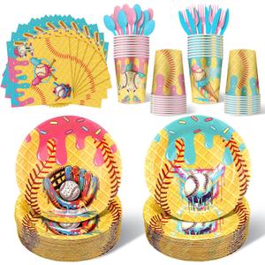 2 x FoldTier 175 Pcs Ice Cream Drip Baseball Birthday Party Decorations Set Ice Cream Paper Plates Napkins Fork Set Disposable Fairy Tableware Decorations Supplies for Baby Shower Dinner Serves 25
