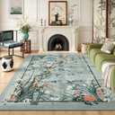 Area Rugs 8x10 Clearance Chinoiserie-Style Floral Vintage Machine Washable Non Slip Low Pile Large Rug for Bedroom, Farmhouse, Dining Room, Kids Playroom, Blue