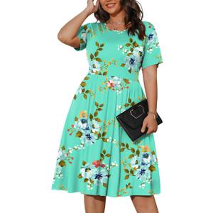 POSESHE Womens Plus Size Summer Dress 2026 Casual Short Sleeve Empire Waist Loose Fit Swing T-Shirt Dress with Pockets (XX-Large Plus, B19-green Floral)