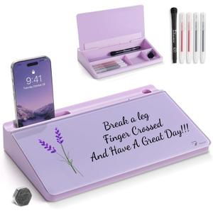 TOWON Small Compact Glass Desktop Whiteboard with Storage 12 x 7 in Dry Erase Board for Desk, Home Office, School | Includes 5 Markers, Eraser & Holder | Space-Saving Organizer, Aesthetic Lavender