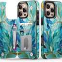FUNMIKO for iPhone 16 Pro Wallet Case with Card Holder, RFID-Blocking, Military-Grade Protection & UV-Printed Artwork, Magnetic Closure with Leather Kickstand - Sleek Cyan Leaf