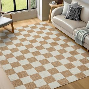 Washable Rug 5x7 Checkered Rug, Beige and White Area Rug, Boho Large Rugs for Living Room, Low Pile Lightweight Indoor Carpet with Non-Slip Backing for Bedroom Classroom Playroom Kids