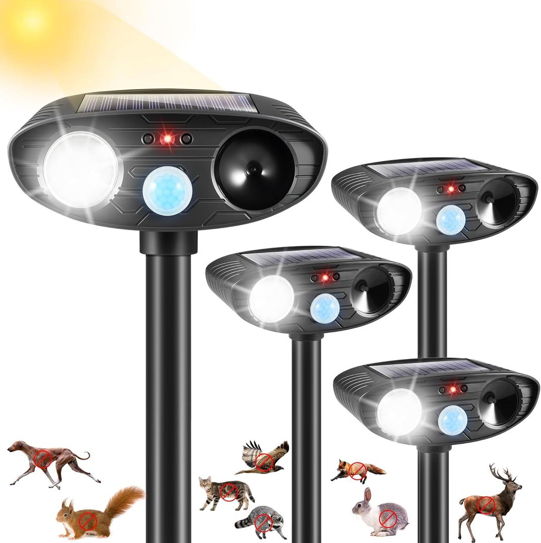 2025 4Pack Deer Repellent Device Ultrasonic Animal Repellent Cat Deterrent Outdoor Solar Animal Repeller with Motion Sensor&LED Strobe Light to Scare Squirrel Raccoon Skunk Rabbit Deterrent for Yard