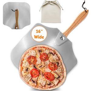 Pizza Peel 16 inch,16" Wx 18" L, Aluminum pizza peel with Foldable Wood Handle and Storage Bag, Non-perforated