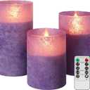 ANGELLOONG Purple LED Candles for Home Decor, Glass Flameless Candles with Remote, Set of 3 Battery Operated Pillar Candle for Fall Halloween Decoration