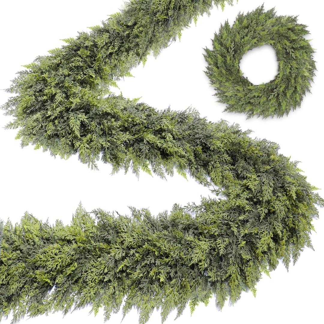 Extra Thick & Lush - 6 Ft by 10 Inch Real Touch Christmas Cedar Garland Artificial Realistic Soft Thickness Greenery Pine Cypress Garlands Christmas Garland for Mantle Fireplace Home Indoor Outdoor