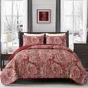 DJY Red Paisley Quilt Set King Size Boho Quilt Bedspread Set 3 Pieces, Soft Lightweight Microfiber Coverlet Set Paisley Floral Pattern Bedding for All Season, 110''x90''