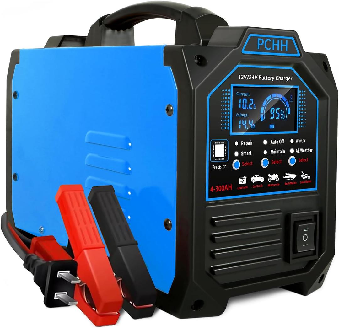 PCHH 12V 24V Car Battery Charger Heavy Duty, 0-15A Automatic Battery Maintainer, Smart Trickle Charger with Auto Shutoffs, Repair, Winter Mode, for Automotive Car Truck Motorcycle Lawn Mower Boat AGM (Blue)