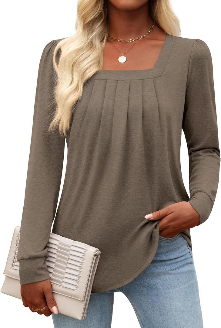 Funlingo Women's Puff Long Sleeve Tops Dressy Casual Square Neck Pleated Work Blouse Fall Trendy Tunic Flowy Chiffon Shirts (Brown, S)