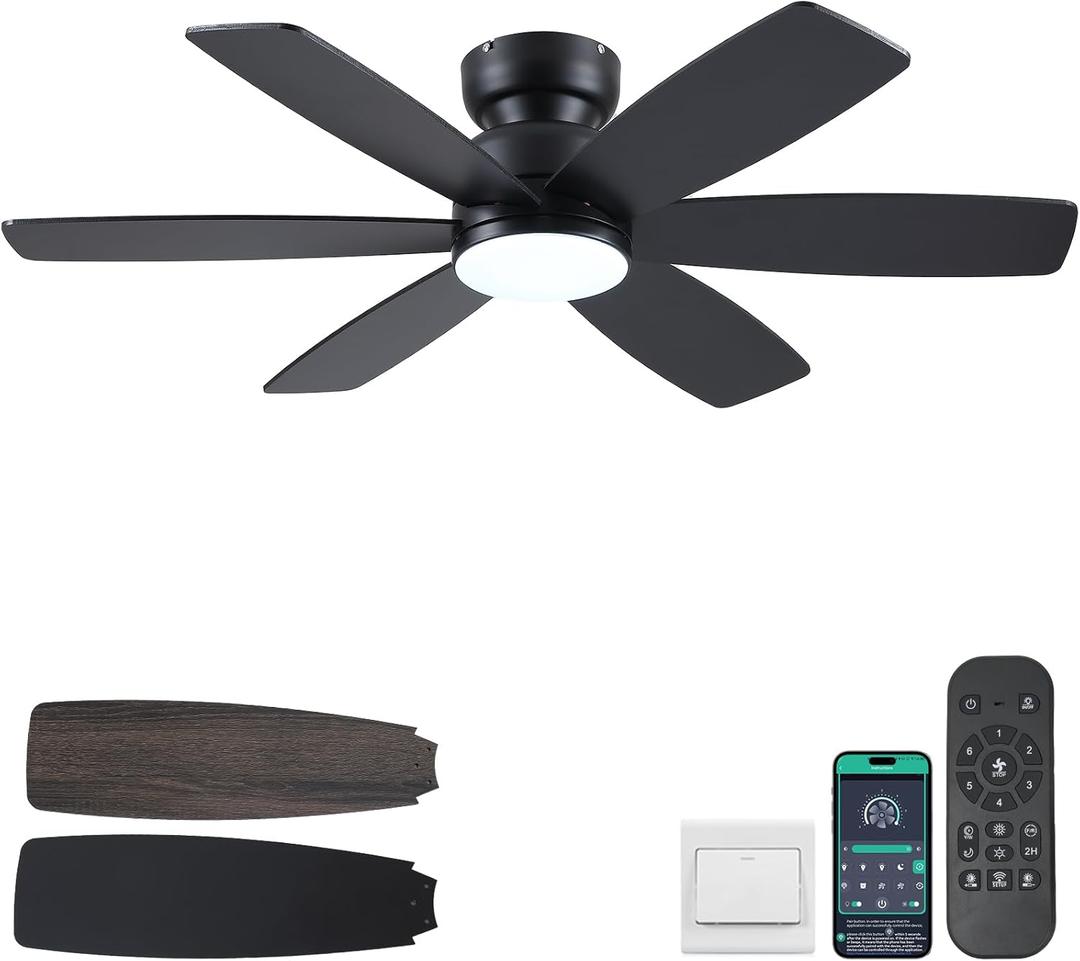 46 Inch Modern Ceiling Fans with Lights Remote/APP Control, Low Profile Ceiling Fan with Light, Flush Mount, 3CCT, 6 Reversible Blades, 6 Speeds, Double Sided for Bedroom Living Room, Black