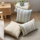 Boho Throw Pillow Covers 18x18 Inch Set of 2 Striped Chenille Farmhouse Decorative Cushion Covers for Sofa Couch Bed Living Room Farmhouse Decor (Beige, 18" x 18" (Pack of 2)) (18" x 18" (Pack of 2), Beige)