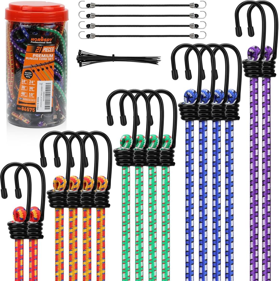 HORUSDY 21 - Piece Bungee Cord Set with Hooks & Straps, 10/18/24/30/36/48 Heavy Duty Bungee Cords Assortment for Camping, Truck, Moving, Emergency, Outdoor Storage (30 Nylon Cable Ties Extra)