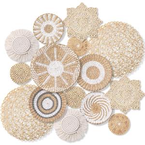 Anglechic 15 Pcs Boho Wall Basket Decor Woven Rattan Seagrass Wall Decor Hanging Rustic Farmhouse Western Art Decoration for Nursery Living Room Bedroom Home Kitchen(Grey White Style)