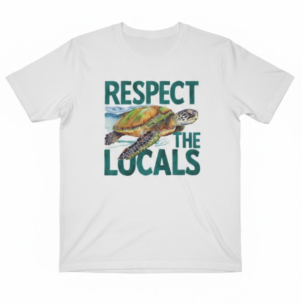 Respect the Locals Turtles T-Shirt, Retro Grunge White and Natural Tee for Ocean and Beach Lovers, S
