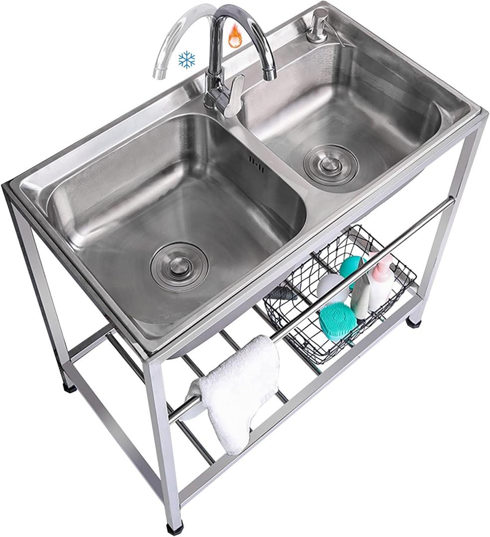 Outdoor Utility Sink Stainless Steel Double Bowl Sink Free Standing Commercial Restaurant Kitchen Sink with Hot and Cold Faucet for Laundry,Garage,Cafe Bar 32.7" x 17.3" x30.3" (Silver Frame)