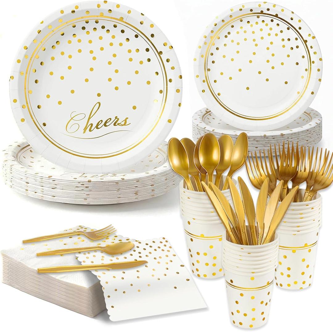 168 Pcs Paper Plates and Napkins Party Supplies, White and Gold Disposable Plates for 24 Guests, Golden Dot Party Plates, Napkins, Cups and Utensils Set for Birthday Wedding Graduation Party Decor