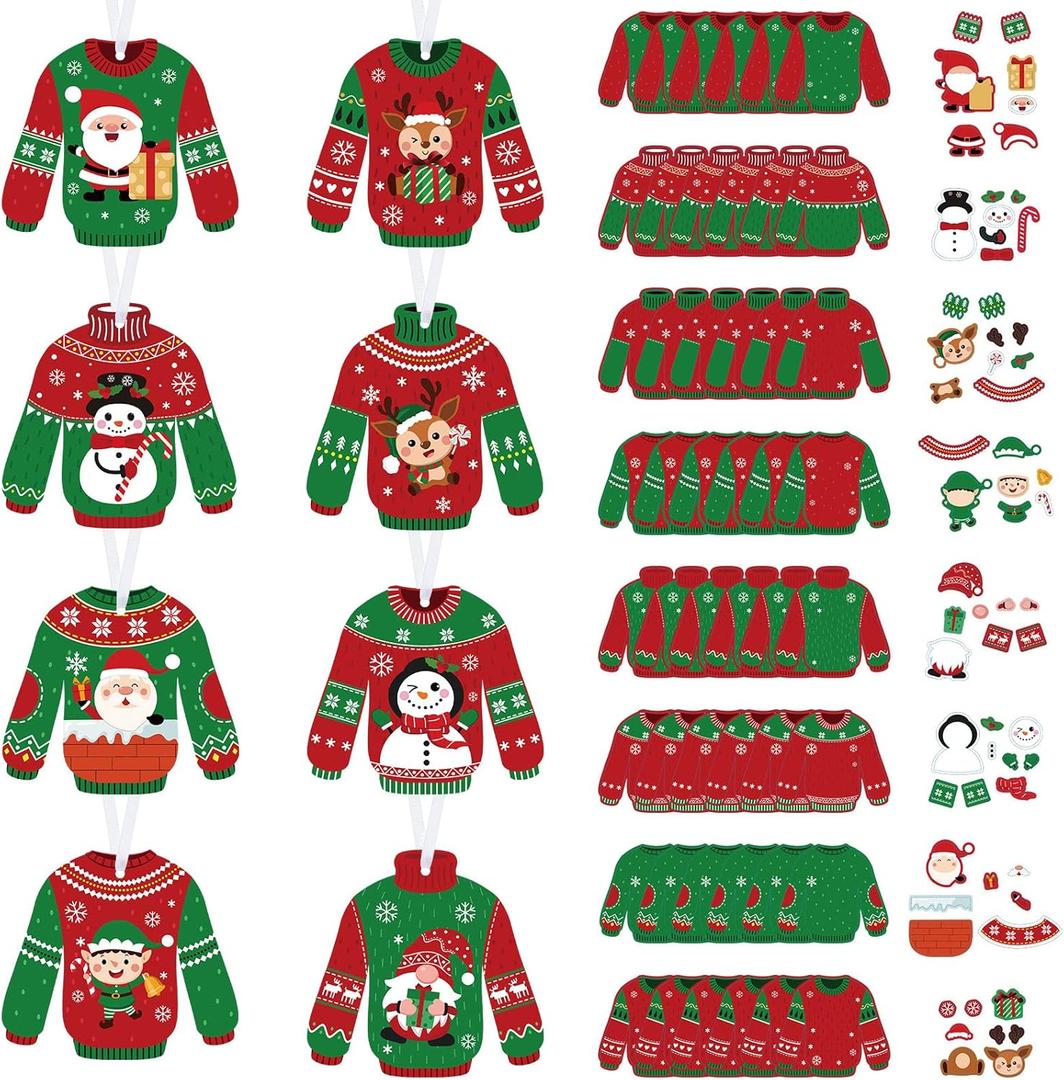 Funrous 40 Pcs Ugly Sweater Crafts Kits Winter Party Christmas Paper DIY Ornaments Tree Ugly Sweaters Hanging Ornaments for Kids Adults Xmas Sweater Party Tree Crafts DIY Supplies Decor