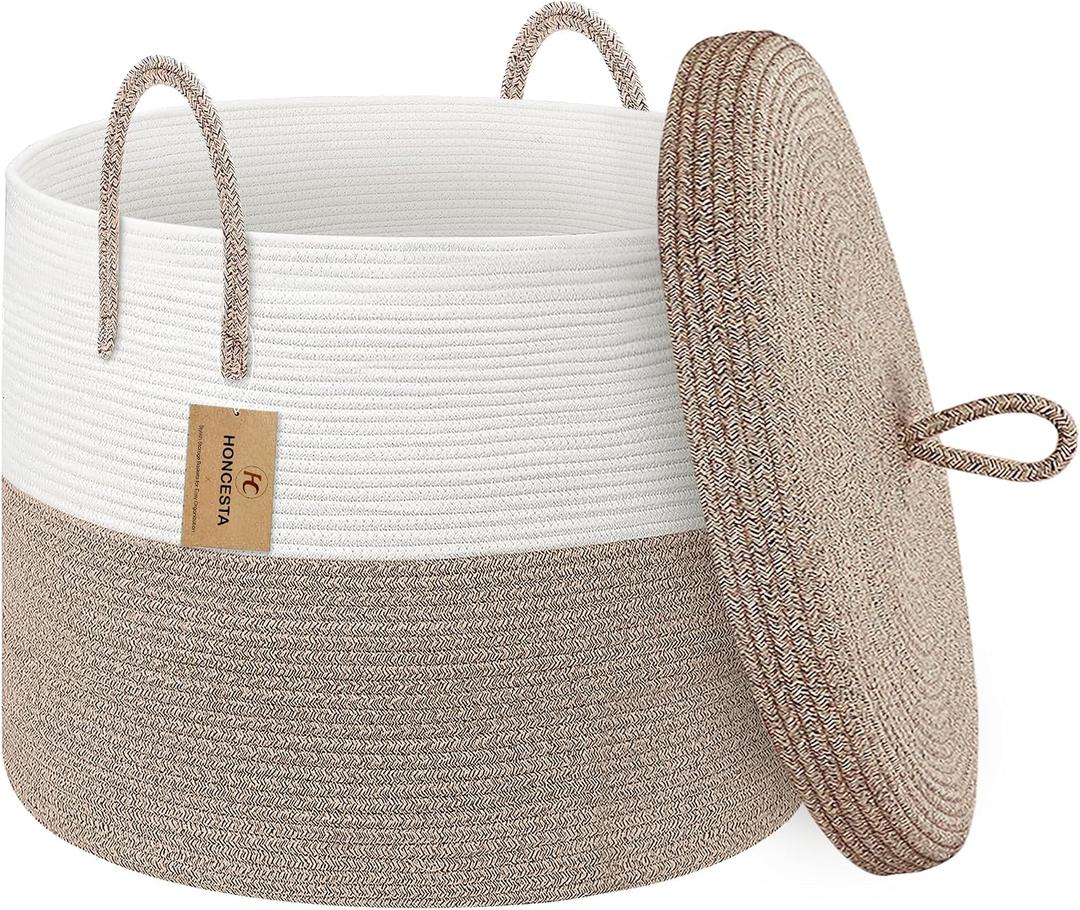 18" X18“ X 14" Large Storage Basket with Lid, Blanket Basket Living Room, Woven Cotton Rope Storage Box, Lidded Kids Dog Toy Bin, Wicker Laundry Basket, Blankets Pillows Organizer Holder