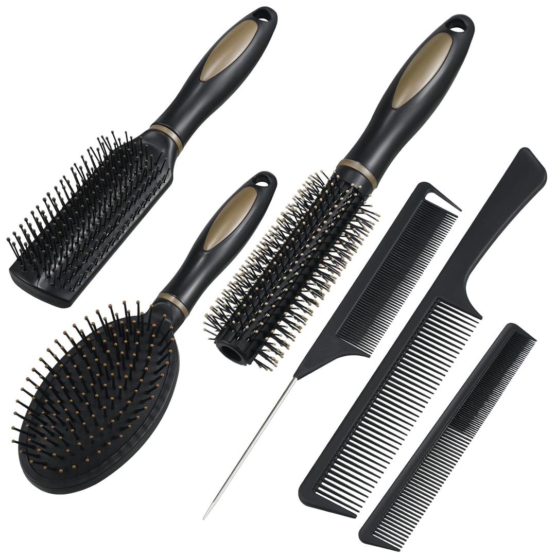 6 Pieces Detangling Styling Comb Set for Women and Men - For Straight, Curly, and All Hair Types (Black)
