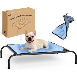 SZEE Raised Dog Cot Bed with Detachable 2-Sided Cooling/Warming Waterproof Mat, Elevated Dog Bed for Medium Sized Breeds with Durable Steel Frame & Sturdy Teslin Mesh, Outdoor & Indoor All-Season Use