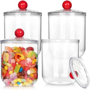 VZZNN 4 Pack Candy and Jars with Lids for Office Desk, Plastic Cookie Storage Jar for Kitchen Counter, Plastic Apothecary Jar for Cotton Swabs, Balls, Cotton Pads (1400ml)