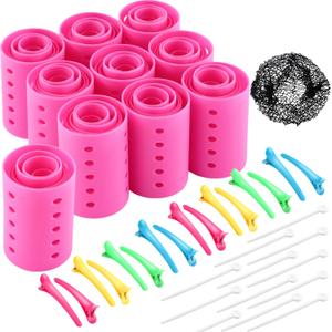 141 Pieces Hair Rollers Set Include 60 Plastic Hair Rollers (Pink,6 Size)