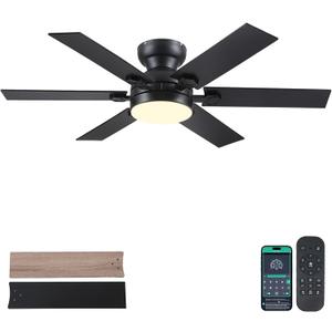 52" Black Low Profile Ceiling Fans with Lights and Remote, Modern Flush Mount Ceiling Fans with Quiet DC Motor, 6 Speeds Reversible