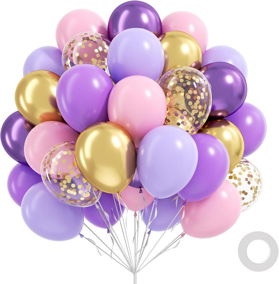 60pcs Pink and Purple Balloons 12inch, Pink Pastel Metallic Purple Gold Confetti Butterfly Balloons for Baby Shower Birthday Party Decorations