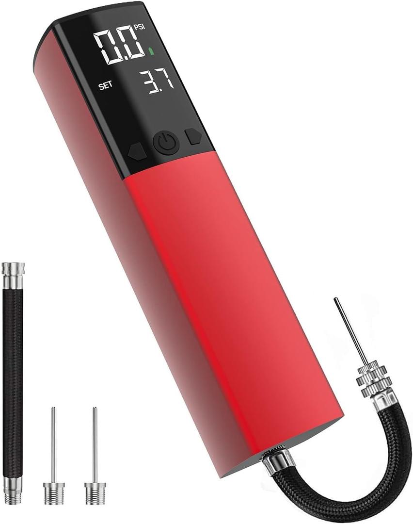 Pumteck Electric Ball Pump, Smart Air Pump Portable Fast Ball Inflation with Precise Pressure Gauge and Digital LCD Display for Football Basketball Volleyball Football (2 Pin and 1 Spout) (Red)