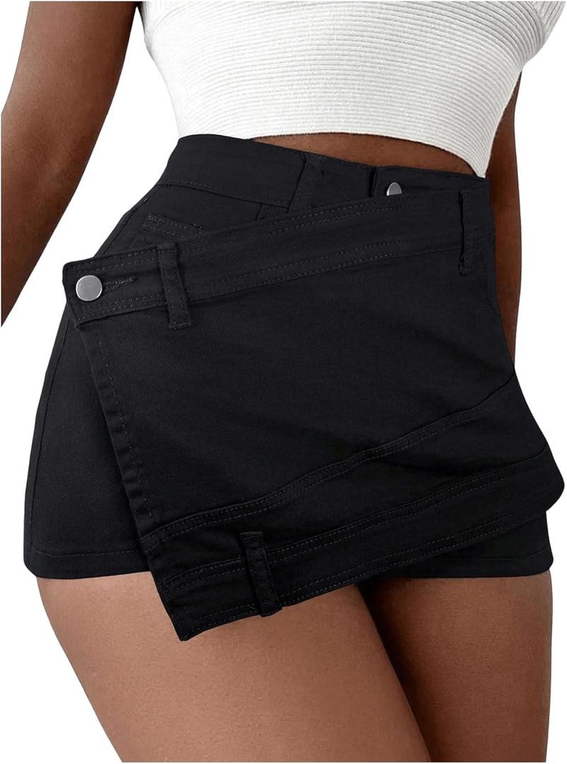 SHENHE Women's Vintage Mini Denim Skorts Wrap Overlay Irregular Stretchy Cargo Shorts (Large, Pure Black)